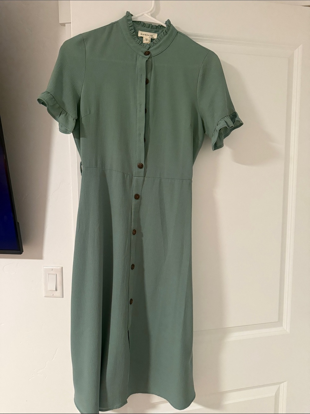 Talula Sage Green Button-Down Midi Dress with Ruffle Trim